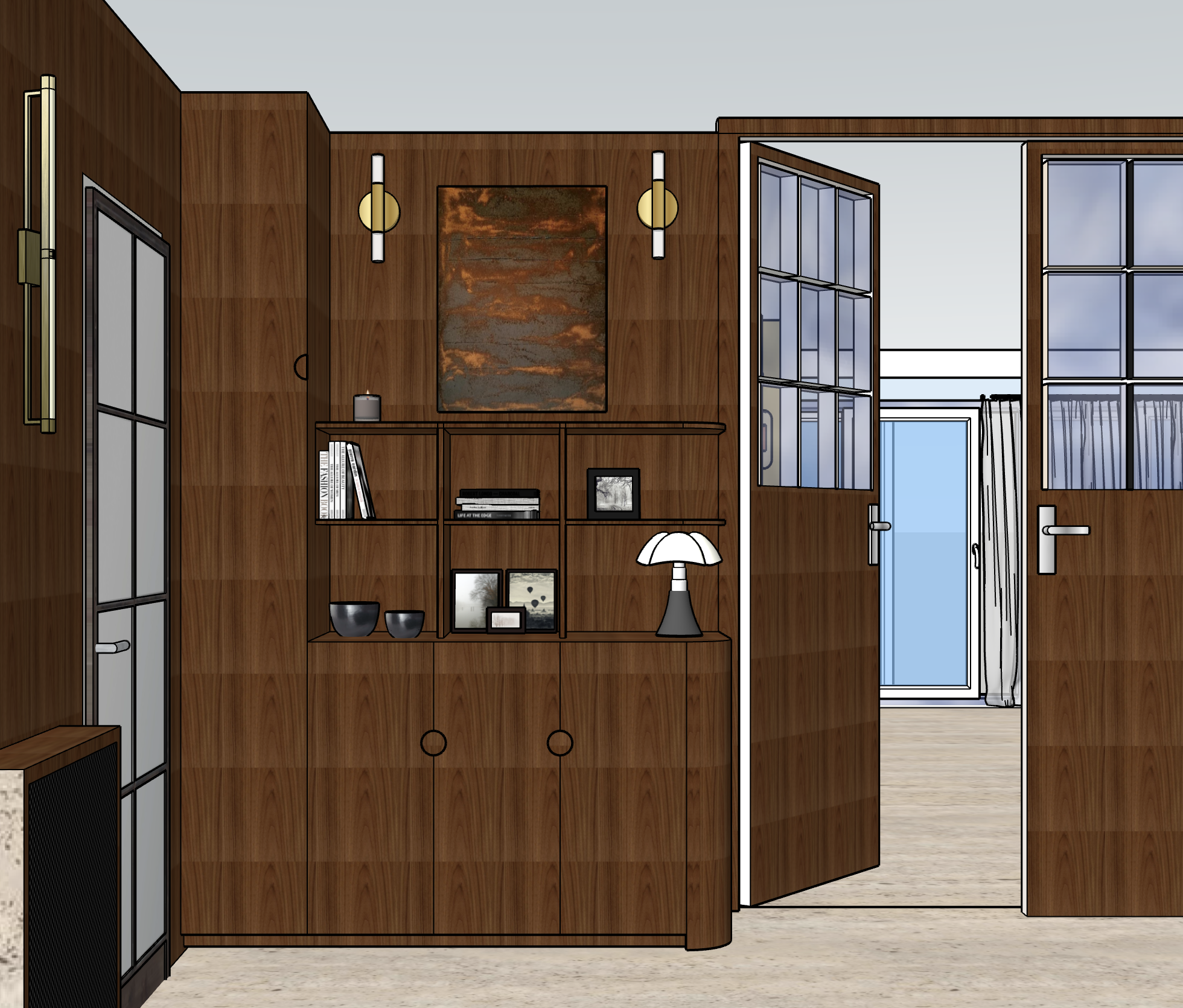 Vue 3D d'une rénovation d'entrée d'une maison mid-century avec meubles sur mesure en noyer et luminaires en laiton