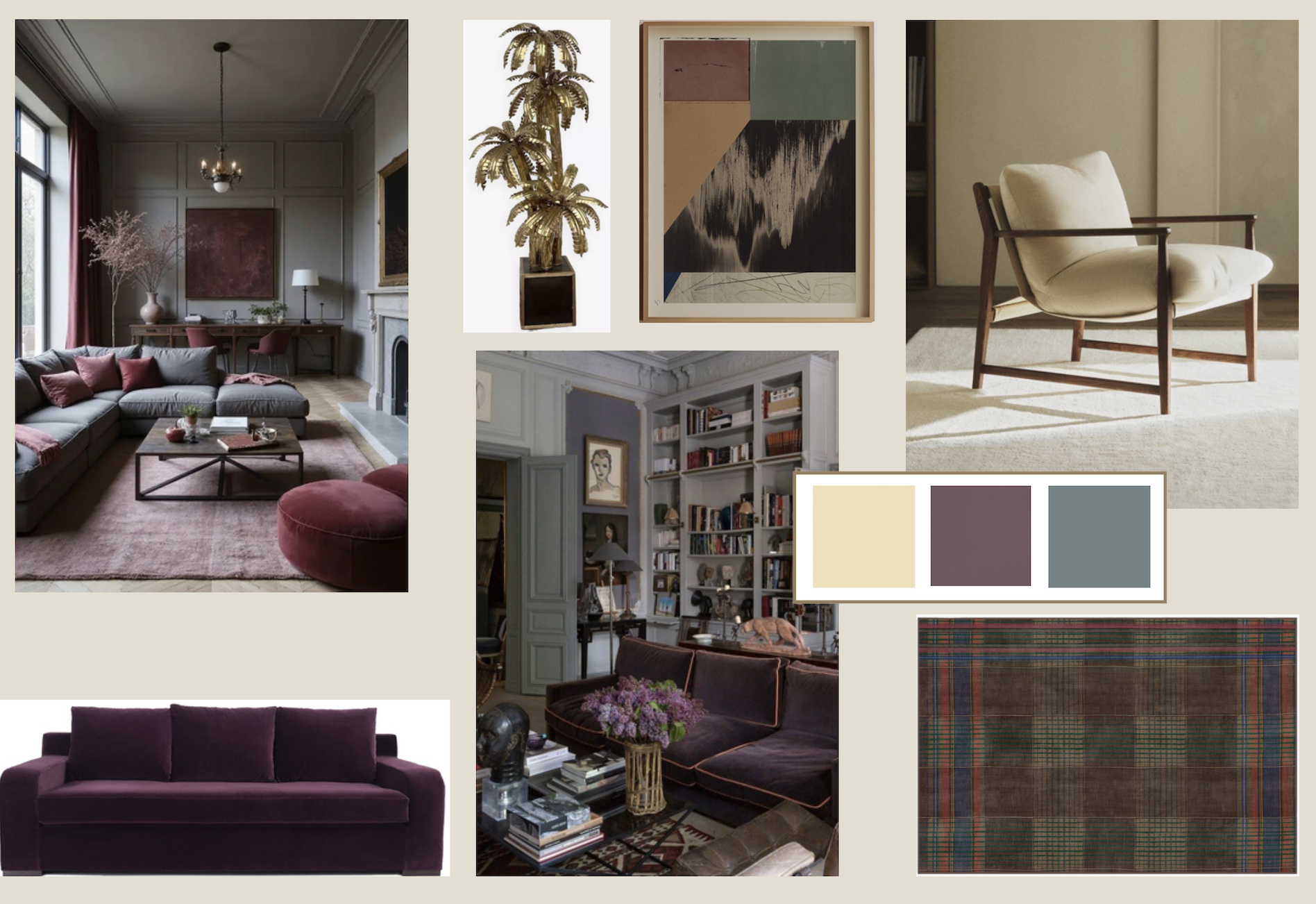 Planche d'ambiance d'un cabinet d'avocat dans un esprit anglais mixé à des pièces chinées et du tartan