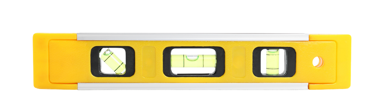 Close-up of a yellow and black spirit level with three bubble vials filled with liquid, indicating horizontal and vertical alignment.