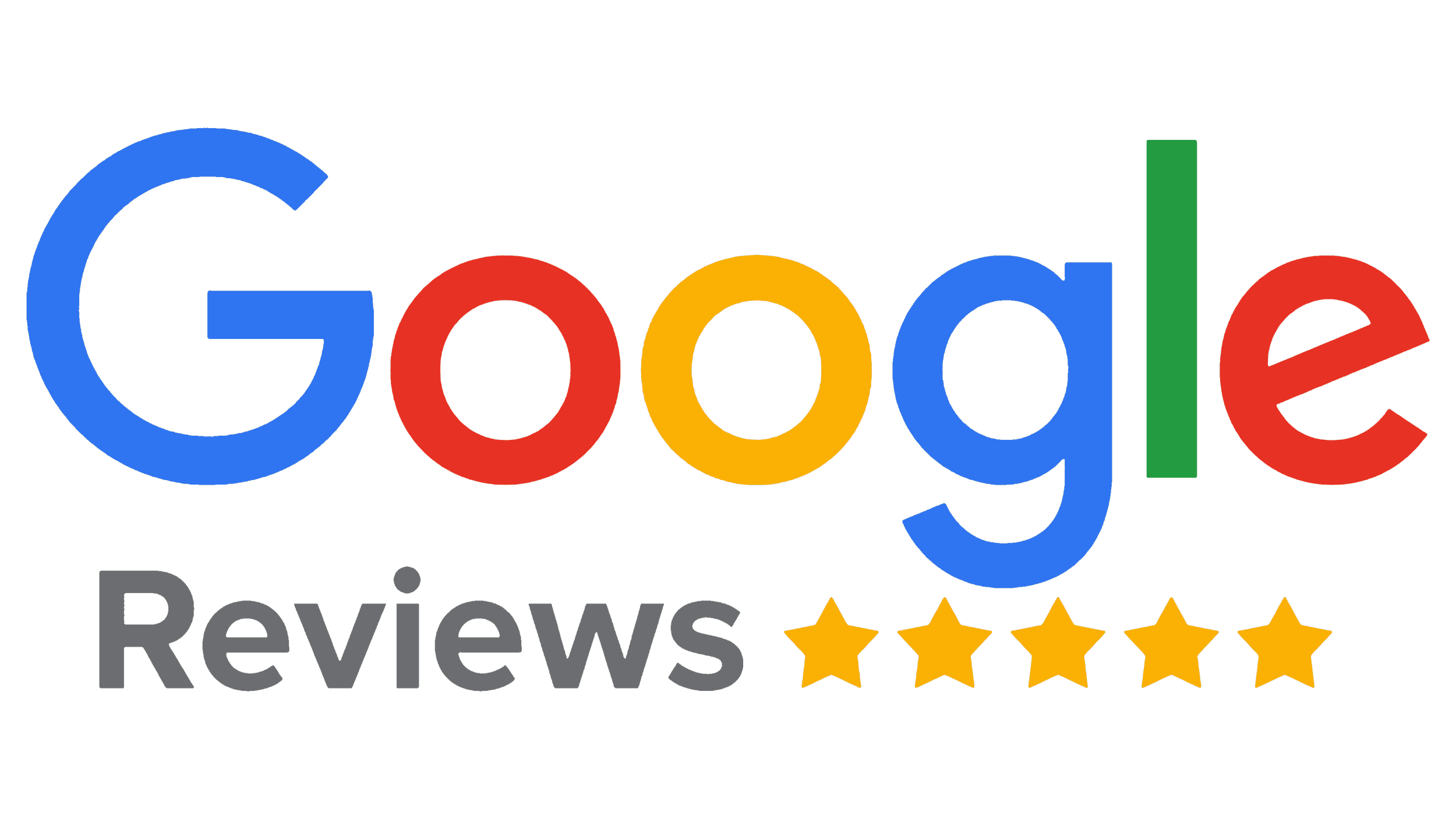 Google Reviews logo with colorful text and five gold stars.