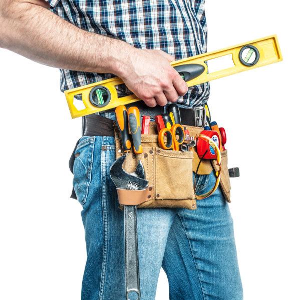 Close-up of a handyman's waist showing a tool belt filled with various tools, and a person holding a yellow spirit level.