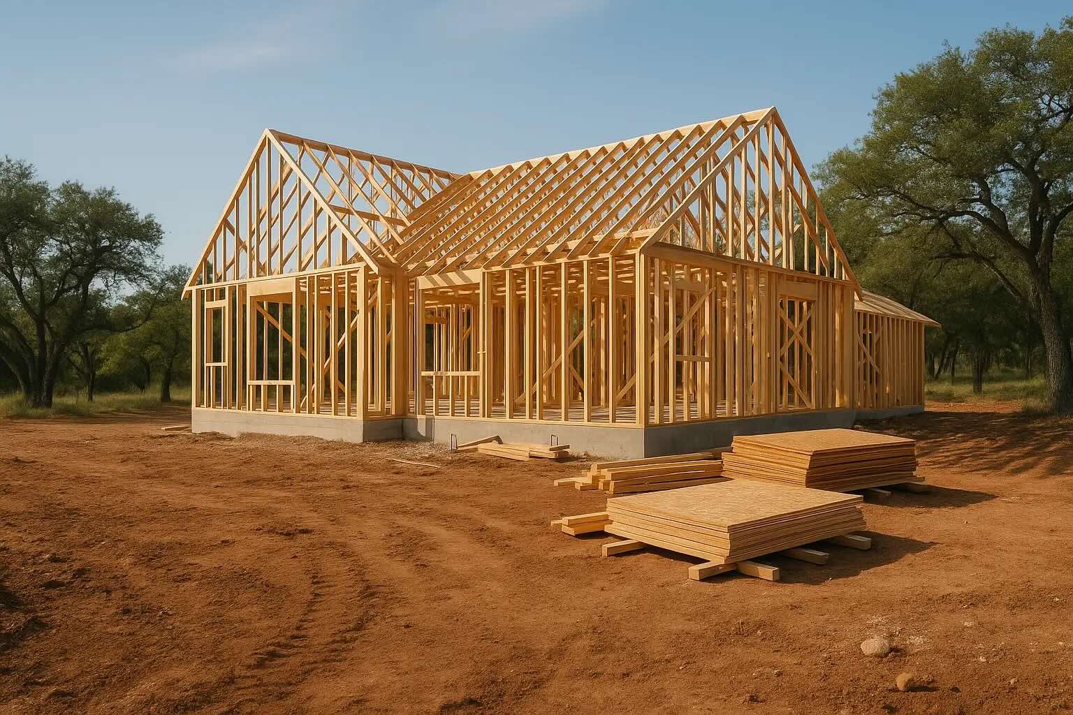 Wood-framed custom home under construction in the Texas Hill Country with clean framing, open studs, and stacked lumber on a tidy jobsite.