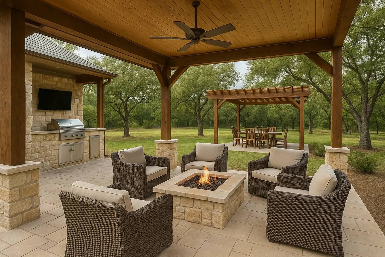 Luxury outdoor living space featuring a covered patio, outdoor kitchen, stone fire pit, and comfortable seating surrounded by trees.