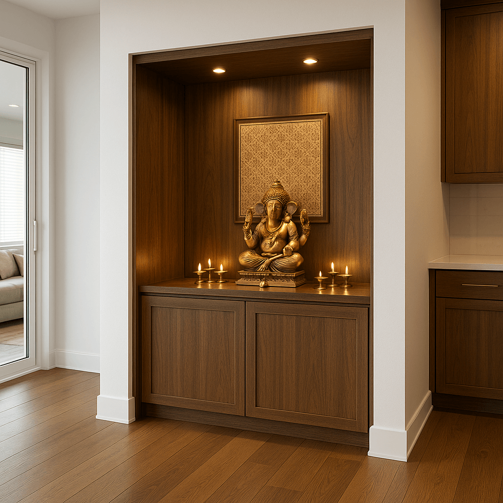 Modern pooja room built into a recessed wooden niche with soft lighting, gold accents, and clean architectural design — a peaceful prayer space that blends seamlessly with a luxury home interior.