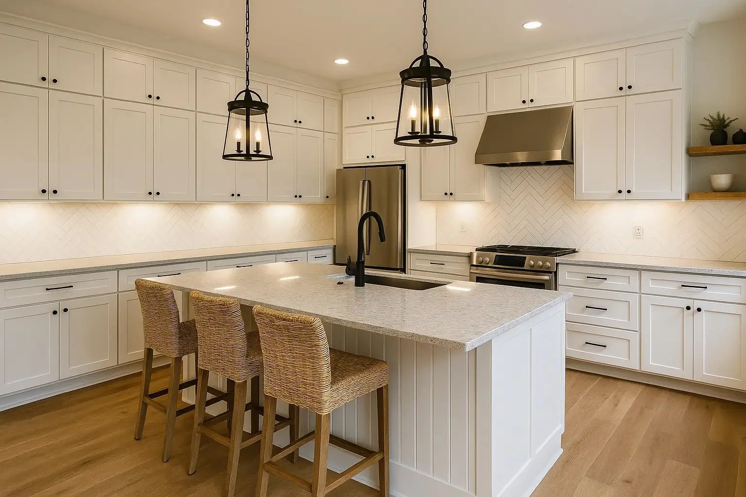 Modern renovated kitchen with white cabinets, quartz countertops, pendant lighting, and a large center island with bar seating.