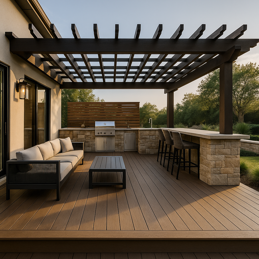 Custom outdoor living area with composite deck, stone kitchen, pergola, and built-in lighting, designed and built by Bespoke Builders in Central Texas.