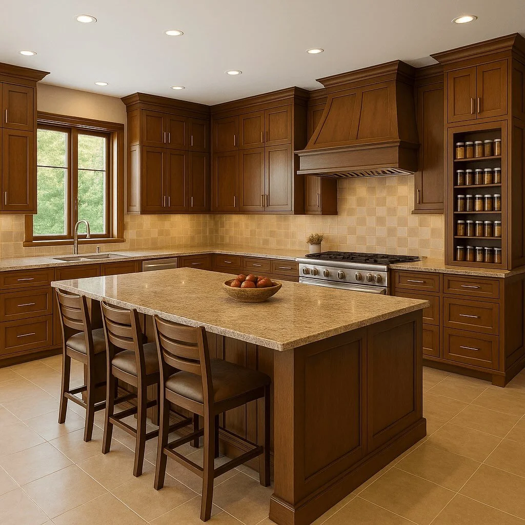 Large modern family kitchen with warm wood cabinetry, granite countertops, spacious island, professional gas range, and built-in spice storage wall — designed for functionality and multi-generation cooking.