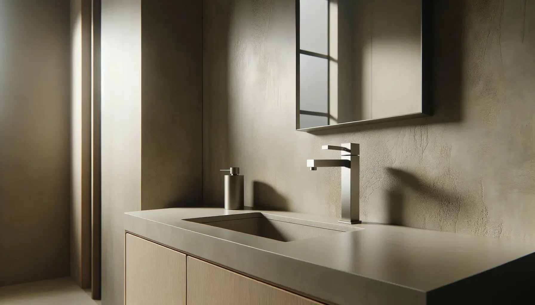 Modern bathroom vanity with concrete-style countertop, sleek brushed nickel faucet, and textured plaster walls in a contemporary remodel.
