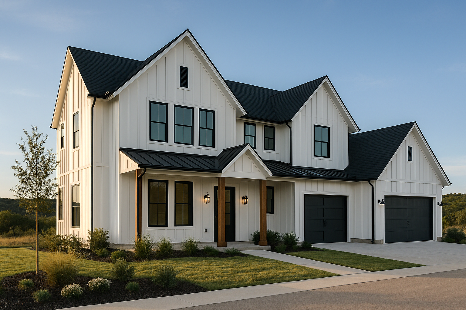 Custom-built modern farmhouse in Central Texas with white board and batten siding, black metal roof, and natural stone accents, designed by Bespoke Builders.