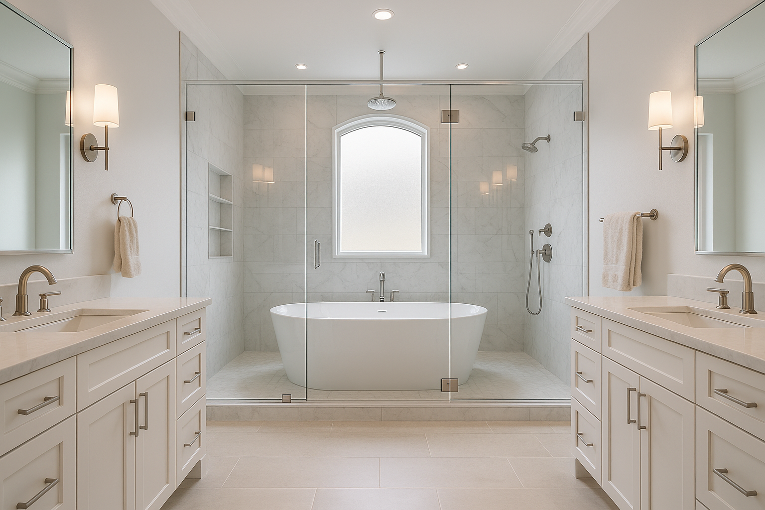 Luxury bathroom remodel featuring a freestanding soaking tub, double vanities, and marble tile design, built by Bespoke Builders.