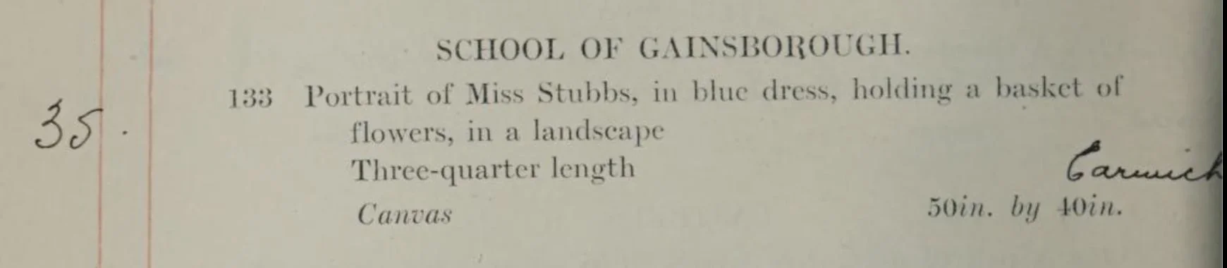 A page from an old book or auction catalog listing showing a description of a portrait of Miss Stubbs in a blue dress holding a basket of flowers, part of the School of Gainsborough collection.