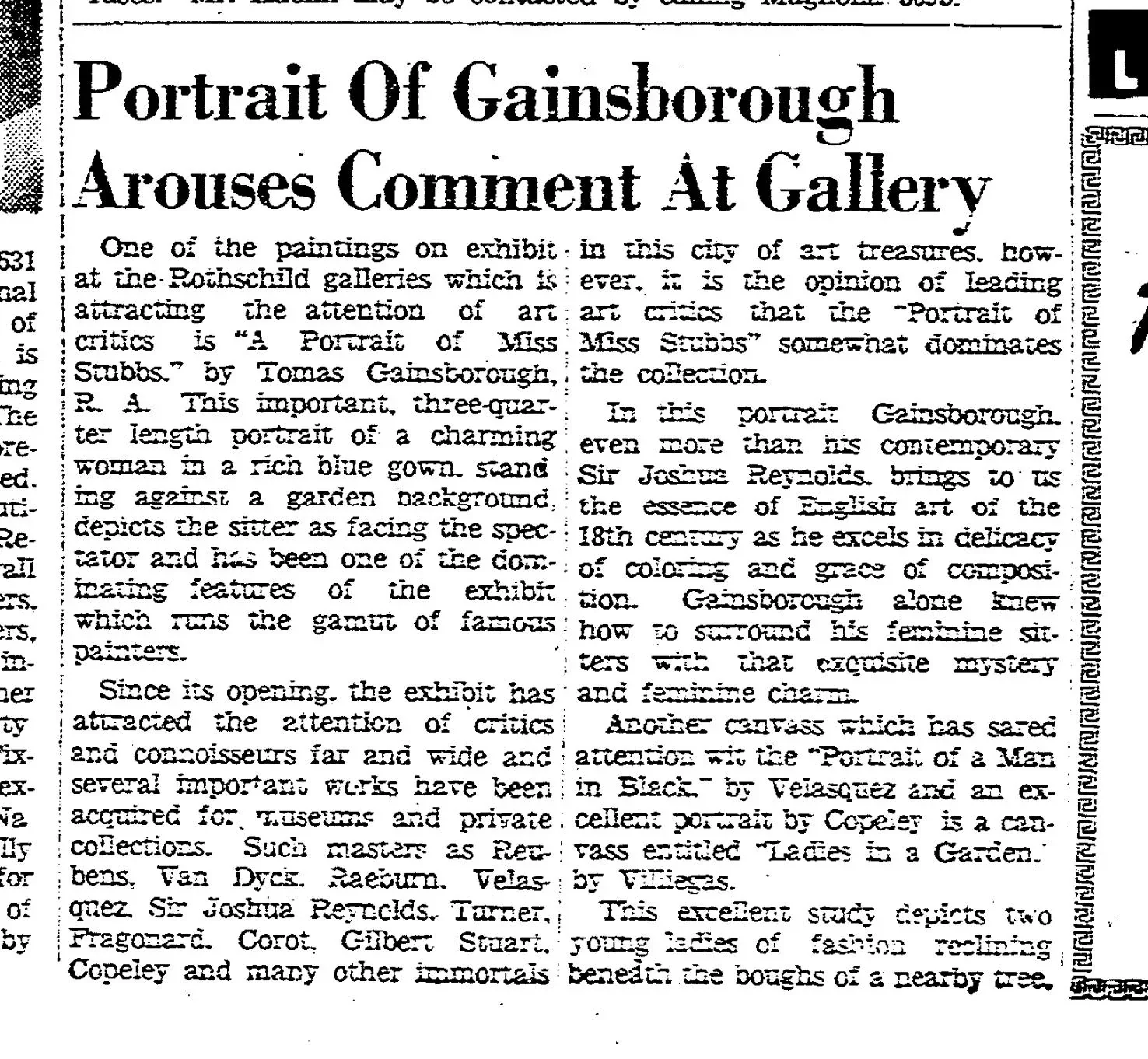 A newspaper article titled 'Portrait Of Gainsborough Arouses Comment At Gallery' discussing an exhibition of Gainsborough's portraits, including a description of a portrait of Miss Stubs by Gainsborough. The article mentions the exhibition's impact on critics, the specific portrait's details, and comparisons to other Gainsborough works.