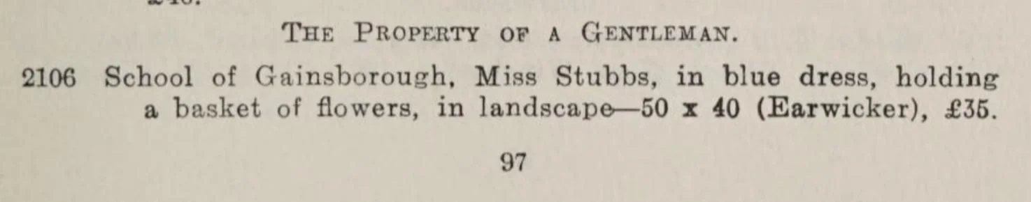 A typed text describing a property of a gentleman, Miss Stubbs, in a blue dress holding a basket of flowers in landscape format.