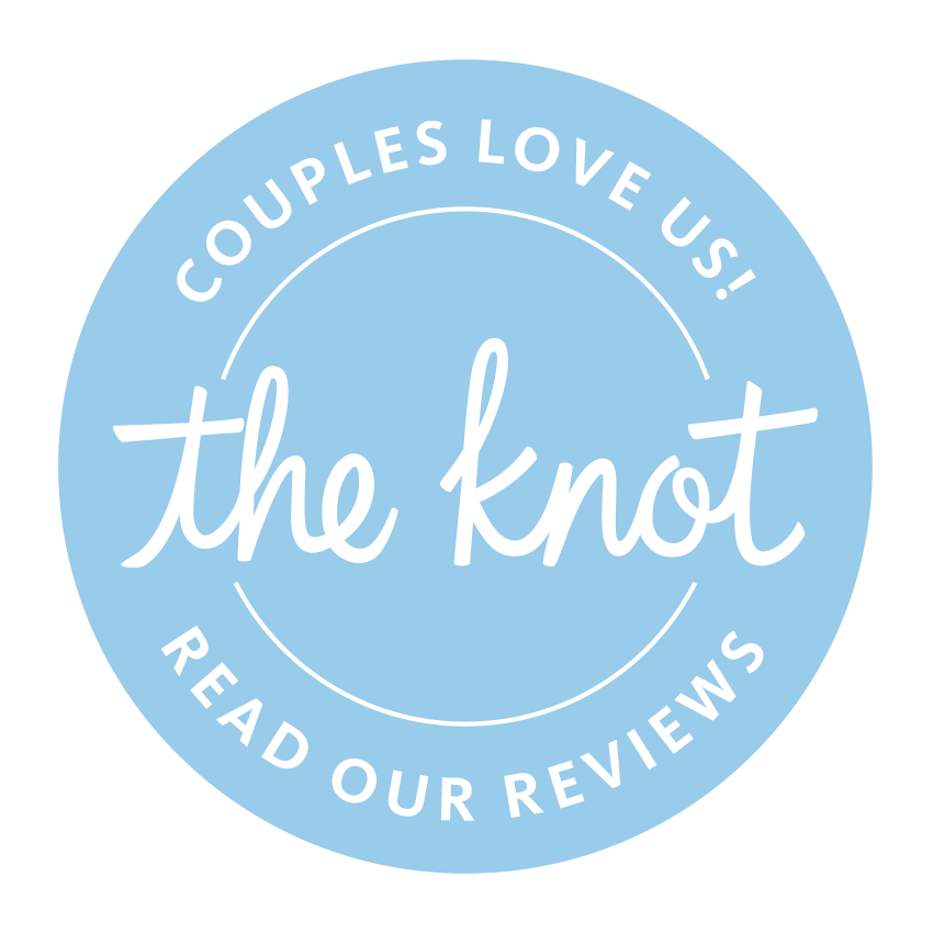 A circular light blue badge with white text that reads 'Couples Love Us! the knot Read Our Reviews'.