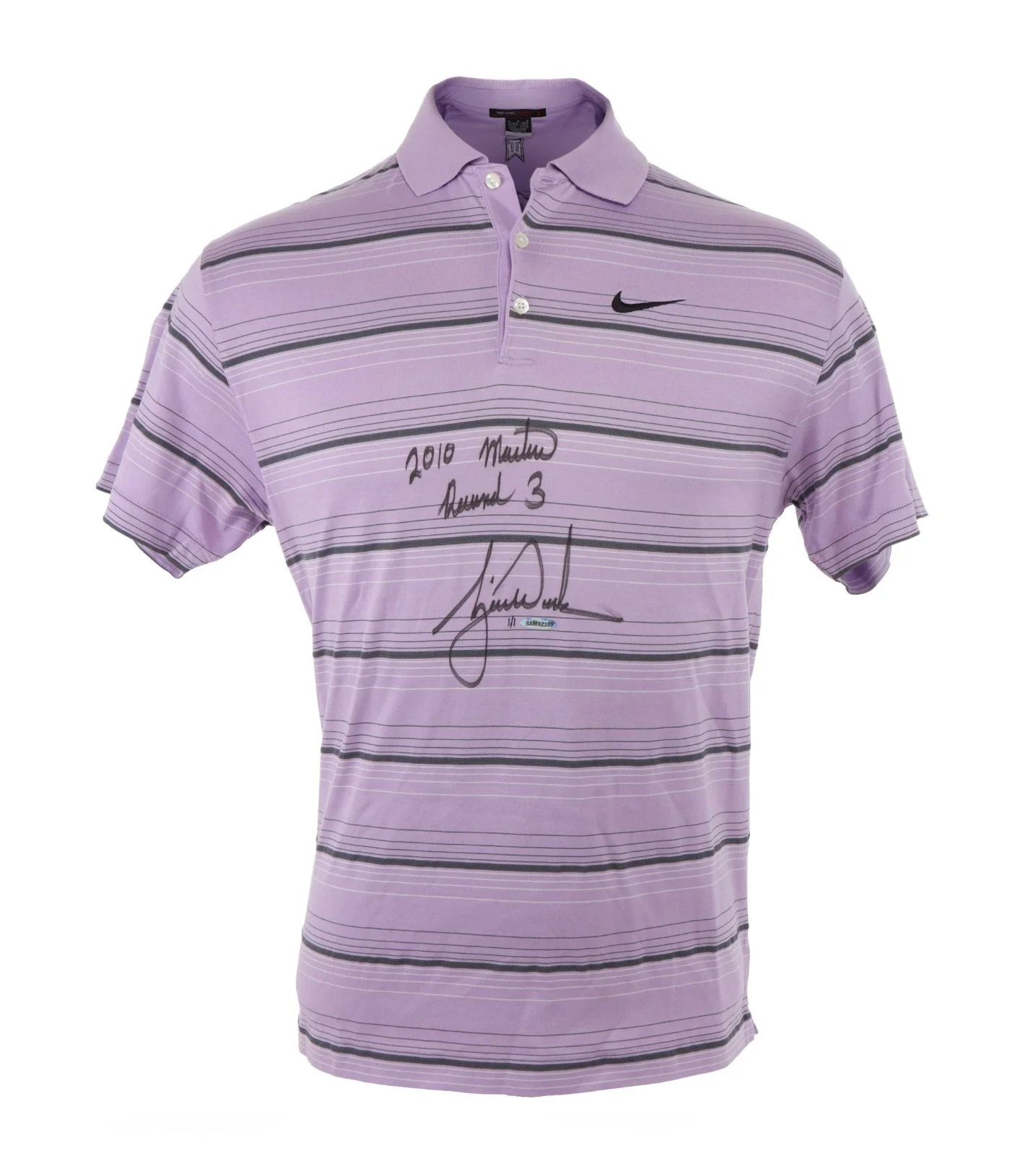A purple collared golf shirt with striped pattern, featuring a black Nike logo on the right chest, and a signature with writing in black ink on the front.