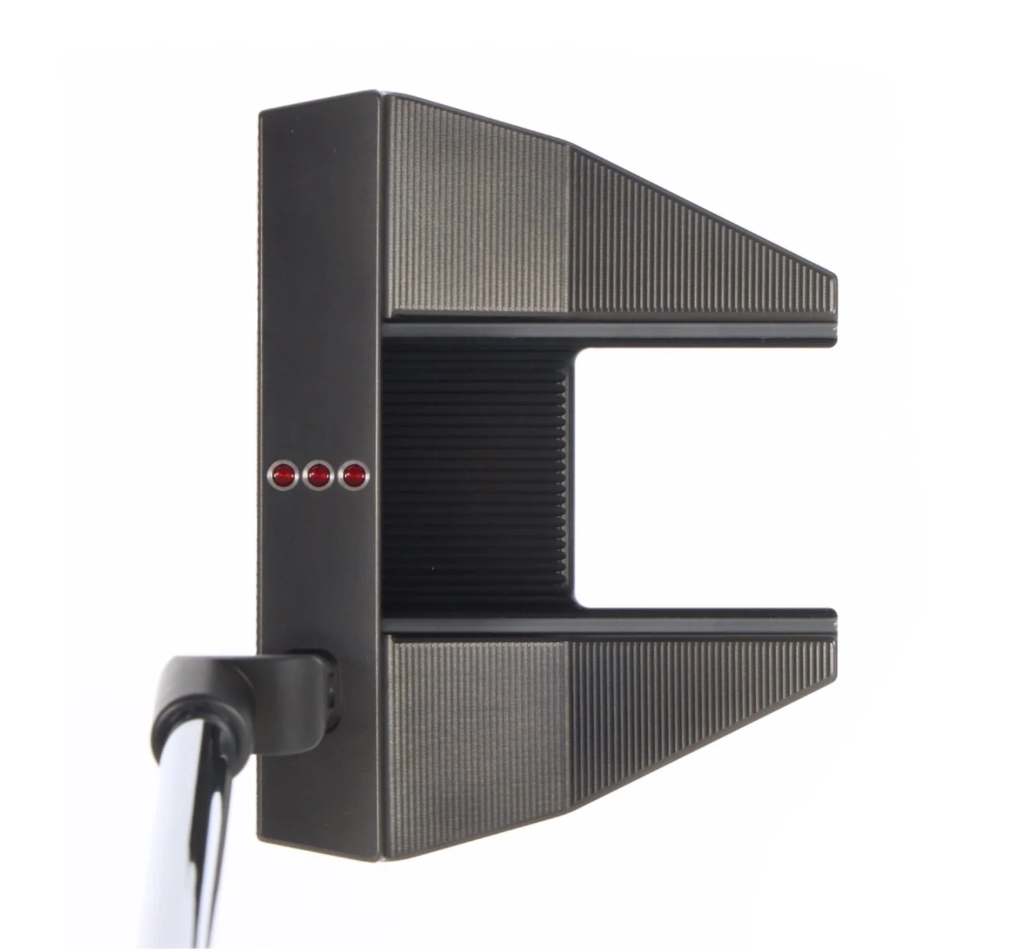 A golf putter with a black and gray head, shown from a side view, connected to a white shaft.
