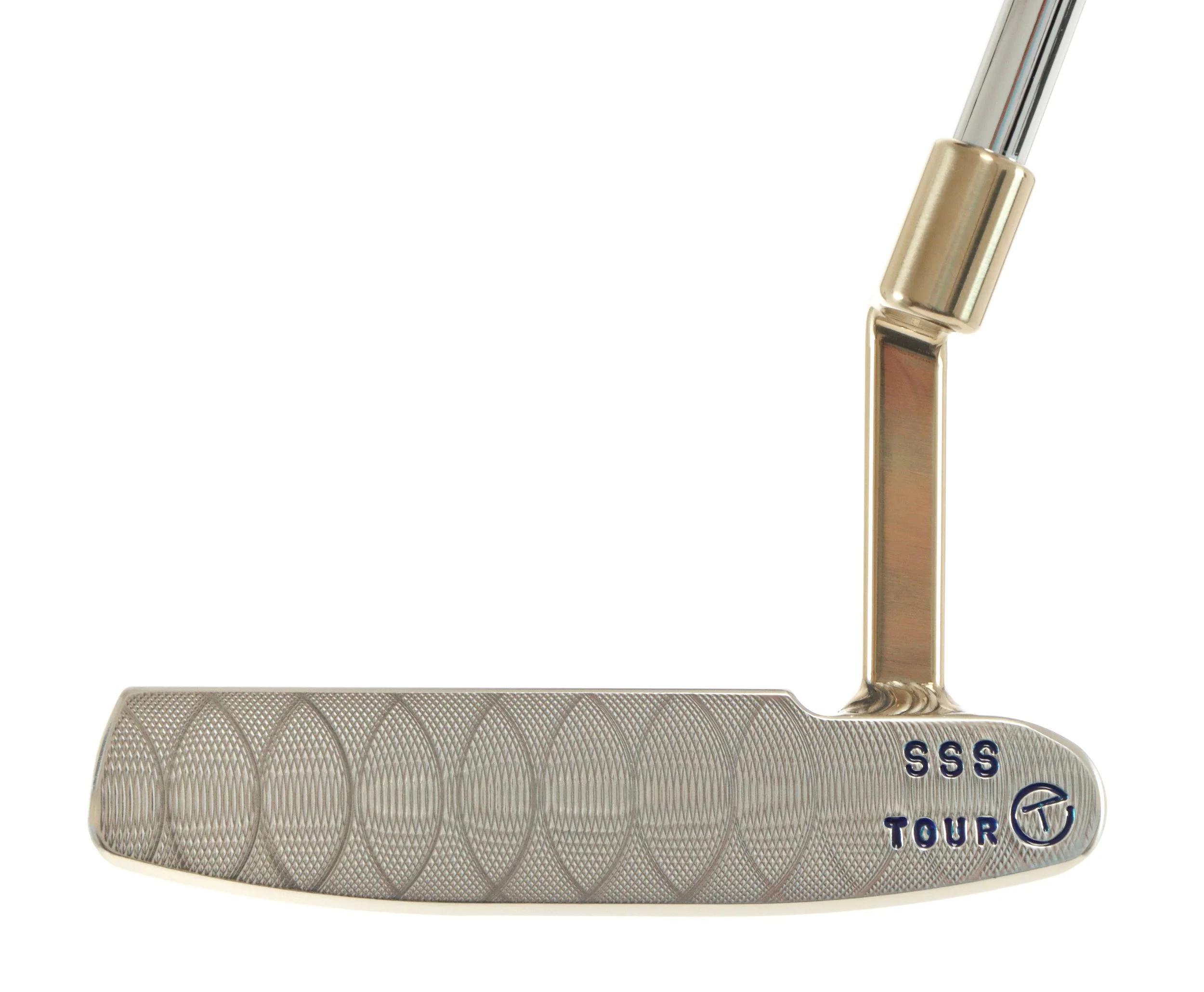 Close-up of a Scotty Cameron golf putter with a textured face and the inscriptions "SSS TOUR."