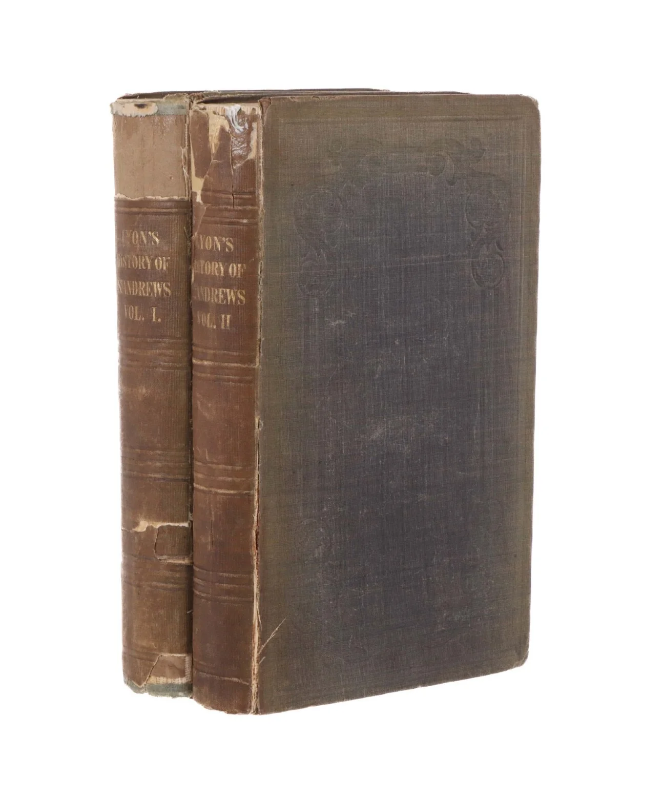 Two old, worn hardcover books titled "Bryson's History of Warnings" with volumes I and II, showing signs of age and damage.