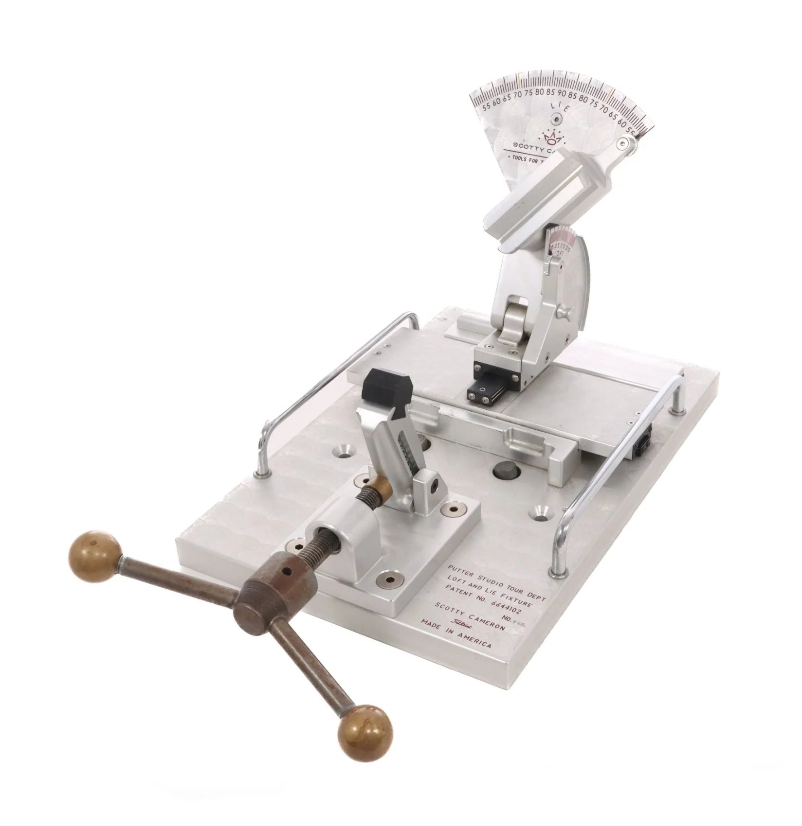 A specialized mechanical device with metal components, including a large adjustable arm with a protractor-like semicircular scale and a rotating handle with wooden knobs, used for precise adjustments or measurements in technical or scientific applica