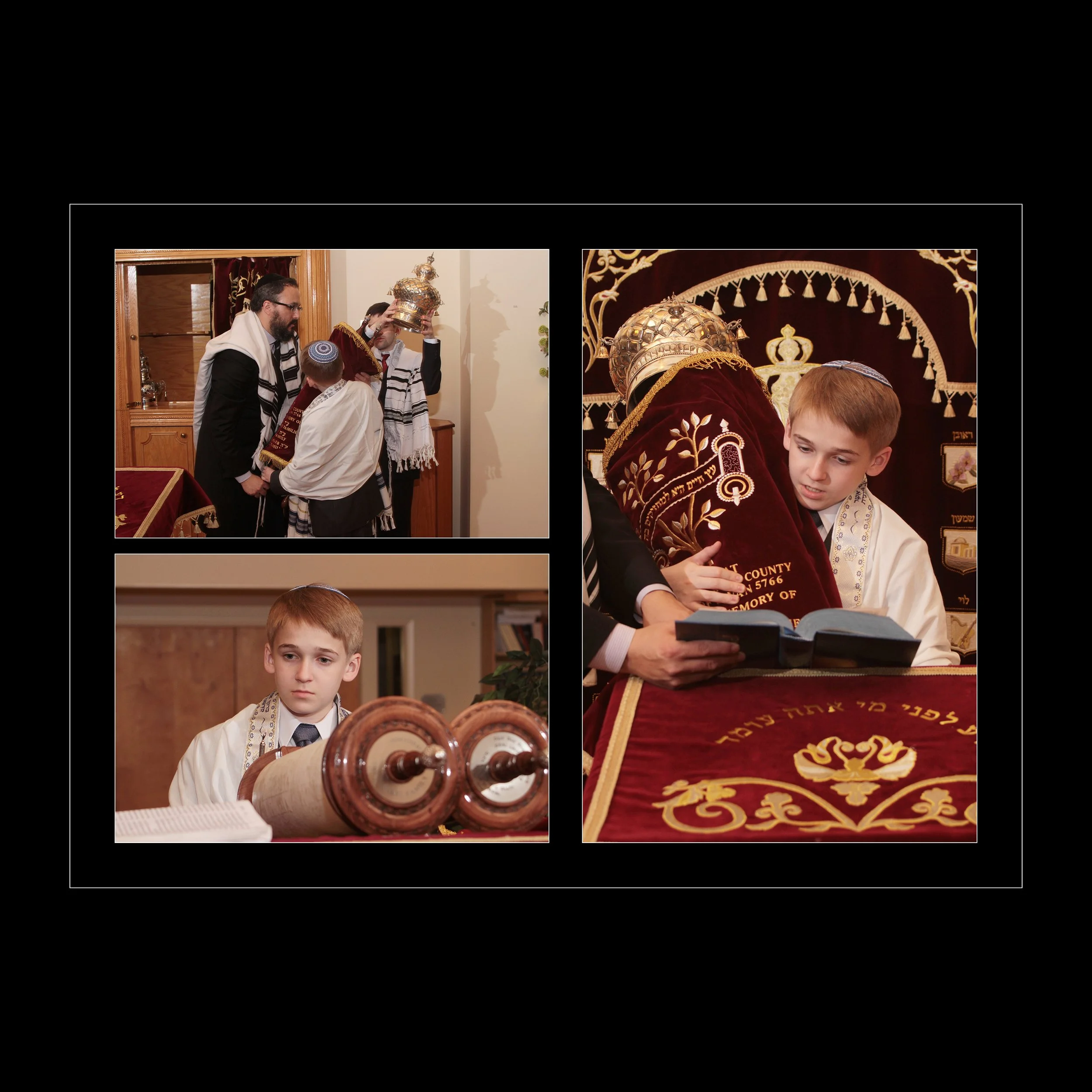 Jewish boy during a religious ceremony, reading from a sacred book, with another boy holding a scroll, and two men in the background wearing prayer shawls and traditional head coverings.