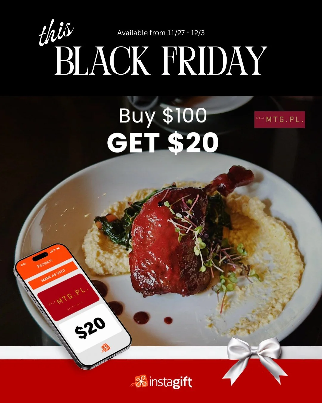 Give the gift of a memorable dining experience this Black Friday at Meeting Place! For every $100 gift card purchase, you&rsquo;ll receive a complimentary $20 bonus gift card. It's the perfect way to treat your loved ones or indulge yourself with a d