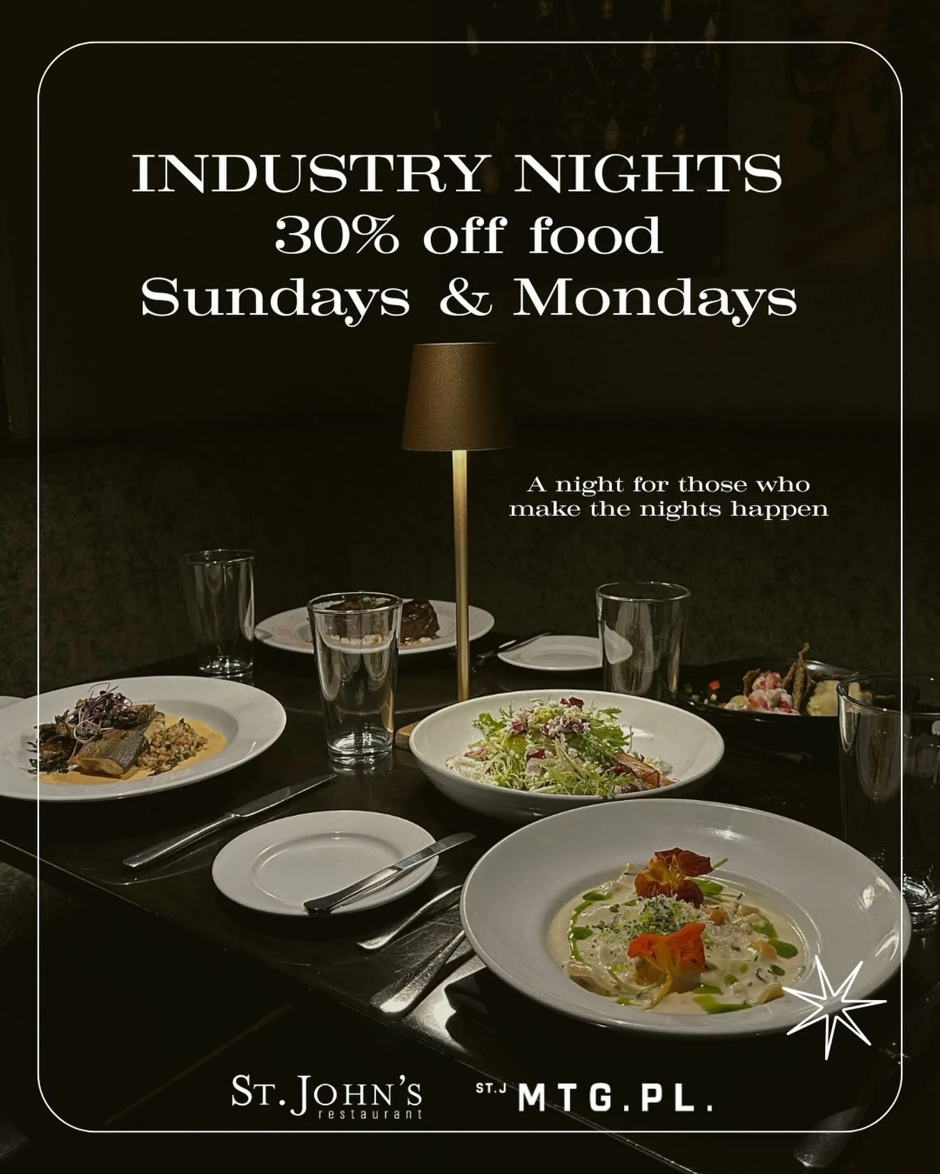 Service industry, this one is for you.

Join us every Sunday and Monday for Industry Nights at St. John&rsquo;s Restaurant and St. John&rsquo;s Meeting Place. Enjoy 30% off all food as a small thank you for everything you do.

We look forward to havi