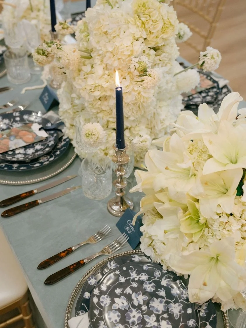 Giving the Monday Blues a whole new look. From deep navy tapers to soft slate linens, we&rsquo;re bringing &ldquo;Something Blue&rdquo; to life in every detail. 🦋

Planning/design @eastcoastcreativeweddings
Venue @thegrandchs
Food/beverage @duvallev