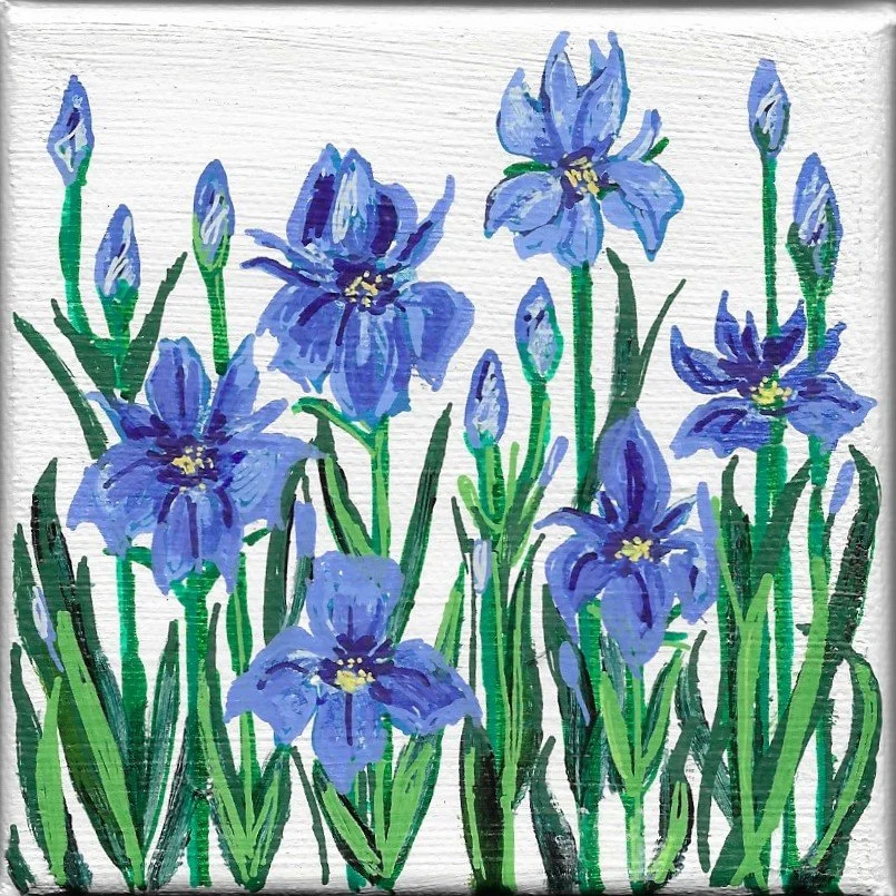 "Tiny Irises" Original Acrylic Painting - 4 x 4 x 1.5"