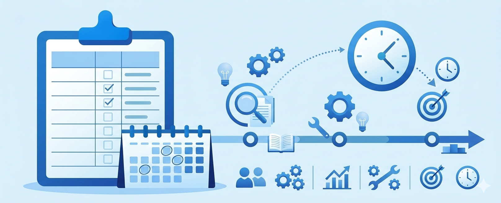 Business timeline infographic with icons of a clipboard, calendar, magnifying glass, gears, clocks, light bulbs, books, and charts showing process, data analysis, and goals.