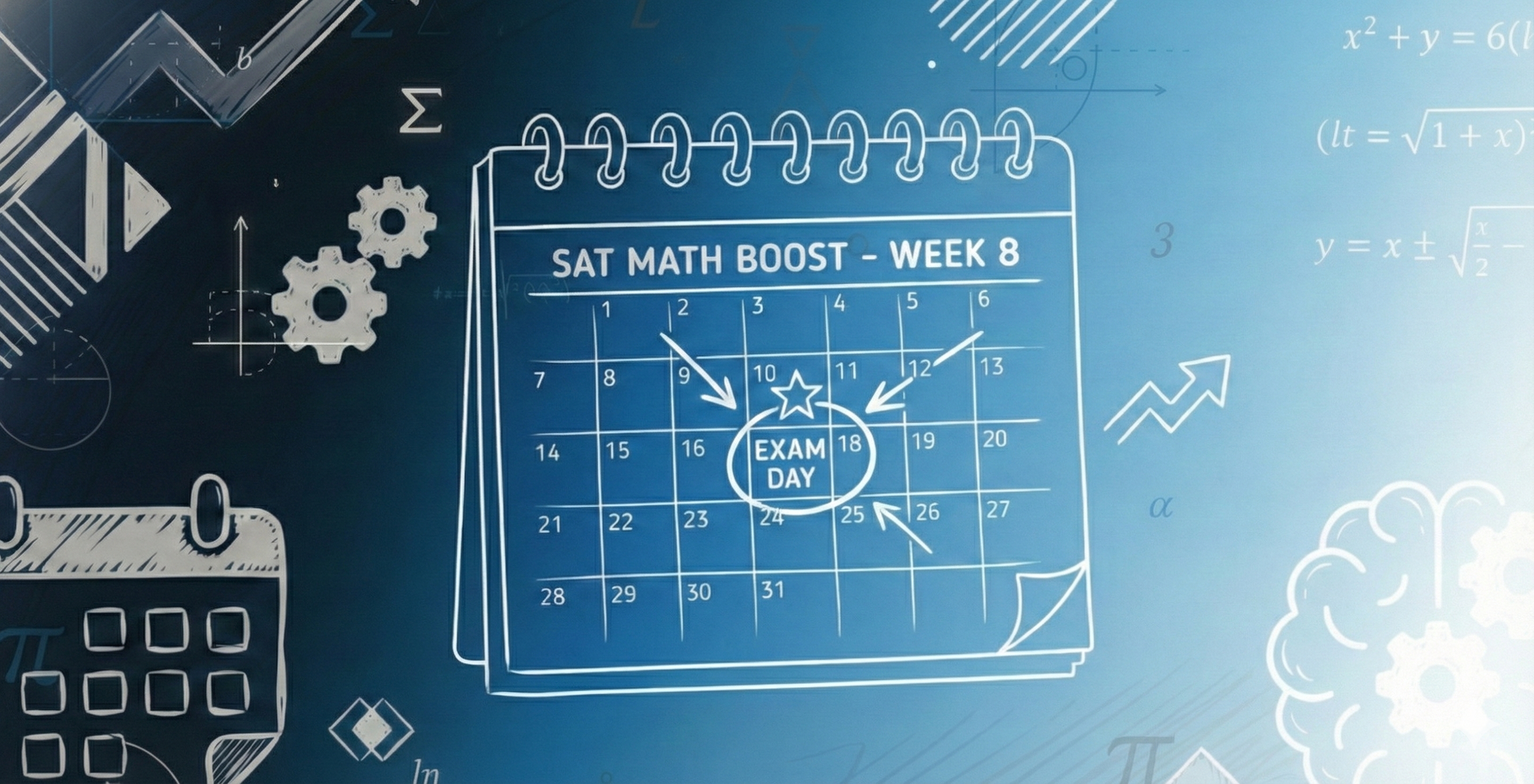 Calendar with the date marked as exam day on the 18th, part of a math-themed background with gears, graphs, and mathematical symbols.