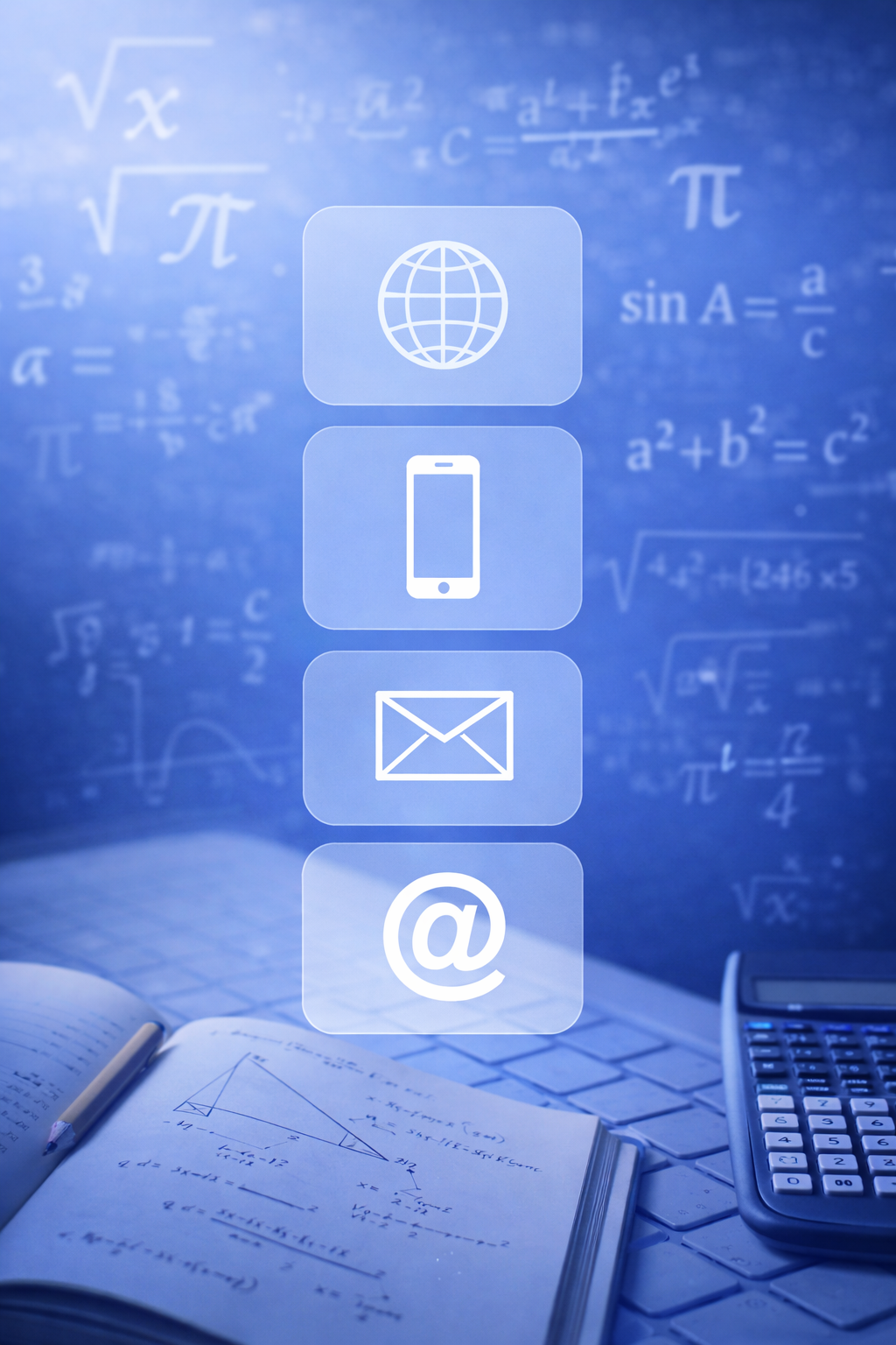 Overlay of icons for internet, phone, email, and at symbol, with a background of math equations, a calculator, an open math book, and a pen on a desk.