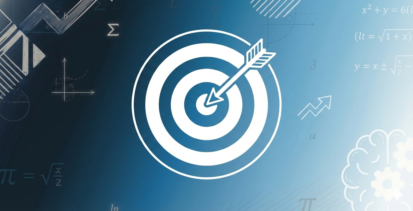 A white target with concentric circles and an arrow hitting the bullseye on a blue background with mathematical formulas and diagrams.