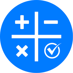 A blue circular icon with mathematical symbols: plus, minus, times, and a check mark inside a circle.