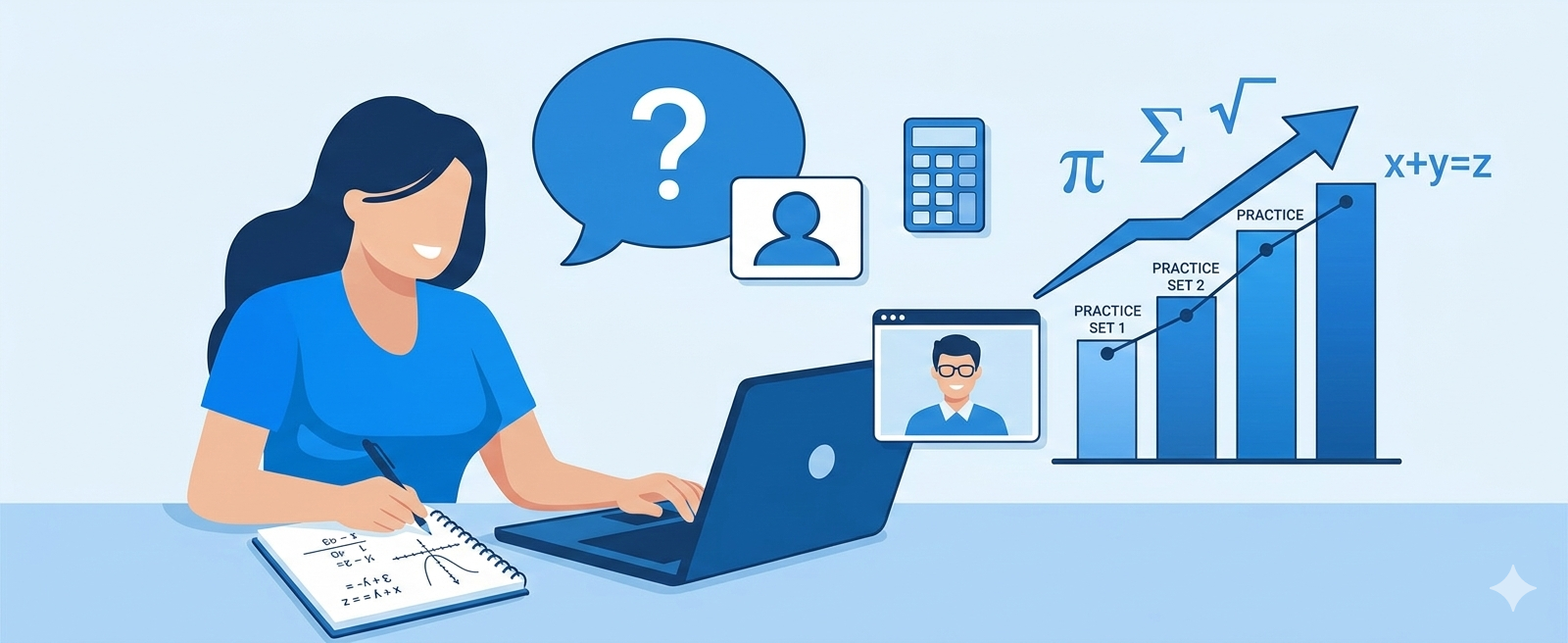 A woman sitting at a desk with a laptop, taking notes, with a virtual meeting on screen. Behind her, colorful charts and mathematical symbols, including a rising bar graph, a question mark, calculator, and icons representing communication and online learning.