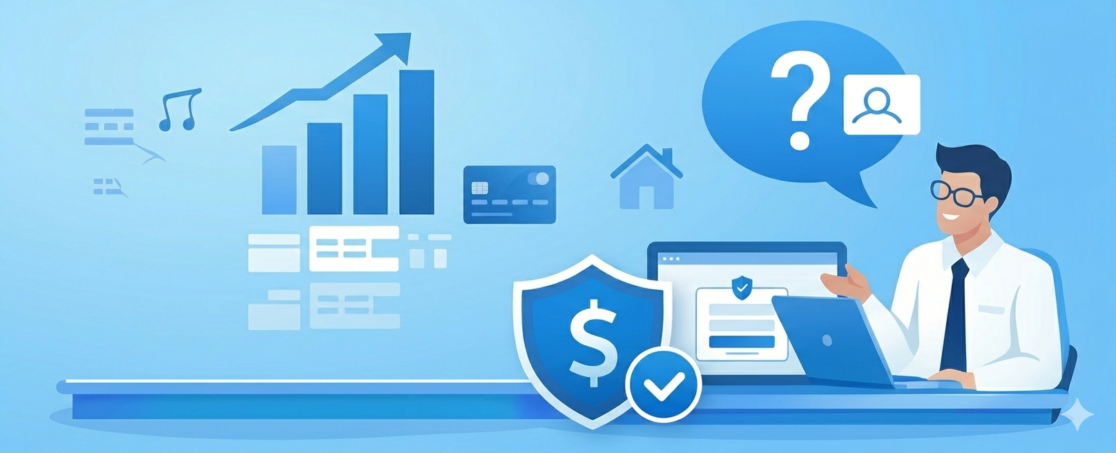 A digital illustration featuring a man with glasses, wearing a white shirt and dark tie, sitting at a desk using a laptop. The background displays financial and technological icons, including a bar chart with an upward arrow, a credit card, a house, and various charts and graphs. There is a shield with a dollar sign and a check mark, indicating financial security, and a speech bubble with a question mark and a user icon, representing inquiries or support.