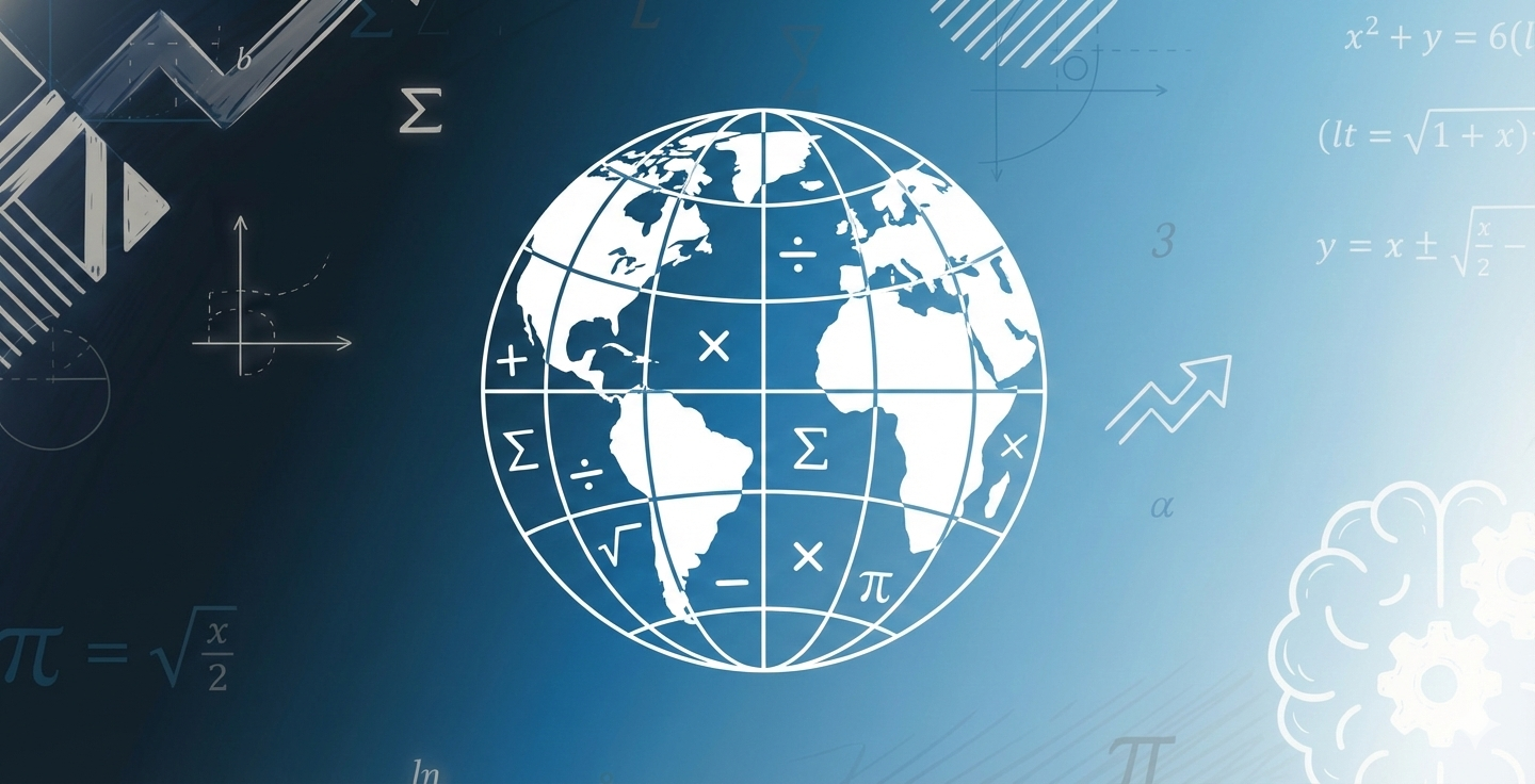 A digital illustration showing a globe with a world map, surrounded by mathematical symbols, graphs, and equations on a blue background.