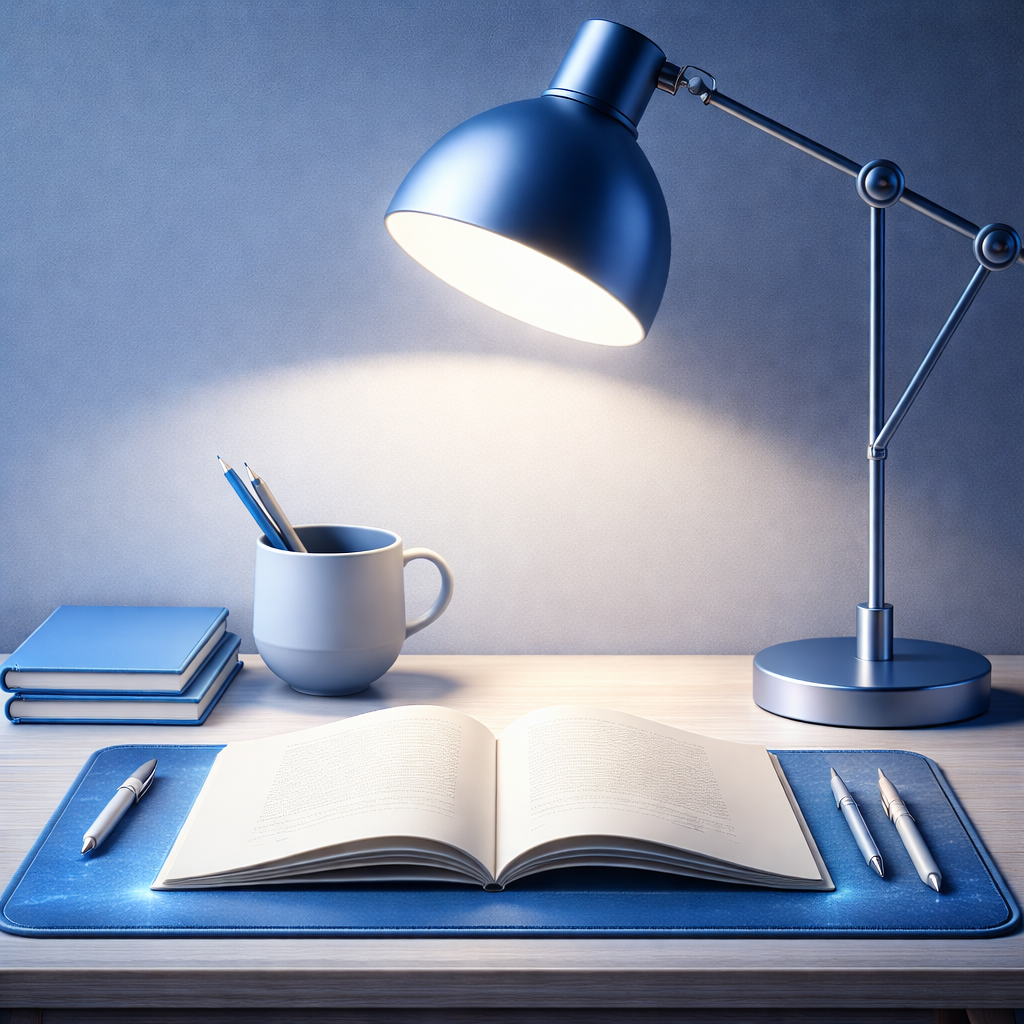 A desk with a reading lamp, an open book, pens, a cup with pens, and blue notebooks.