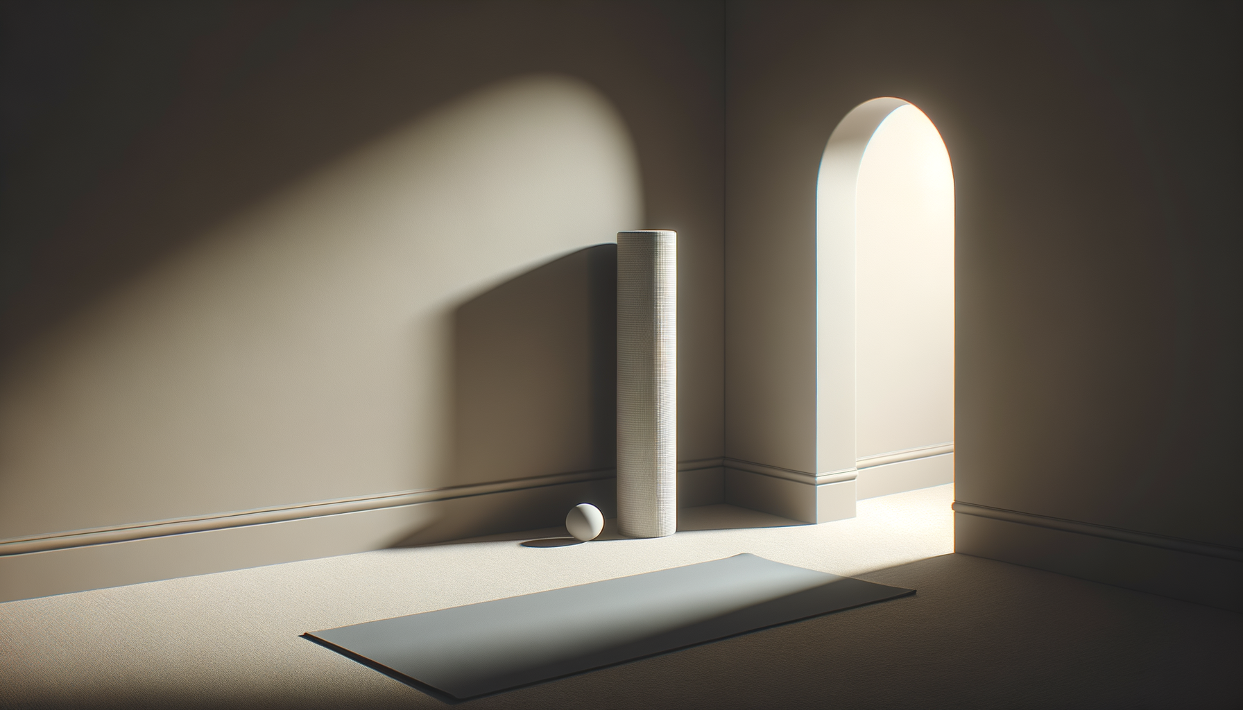 A minimalist yoga or meditation space with a light-colored yoga mat, a spherical object, a tall cylindrical speaker, and a spherical lamp. Natural light streams through an arched doorway, casting shadows on the plain, neutral-colored wall and floor.