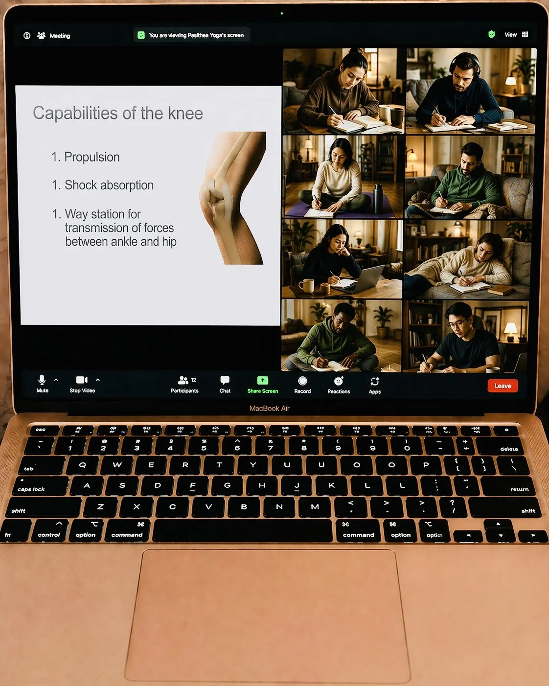 Laptop screen showing a Zoom meeting with eight participants, a presentation slide titled "Capabilities of the knee," and a laptop keyboard in the foreground.
