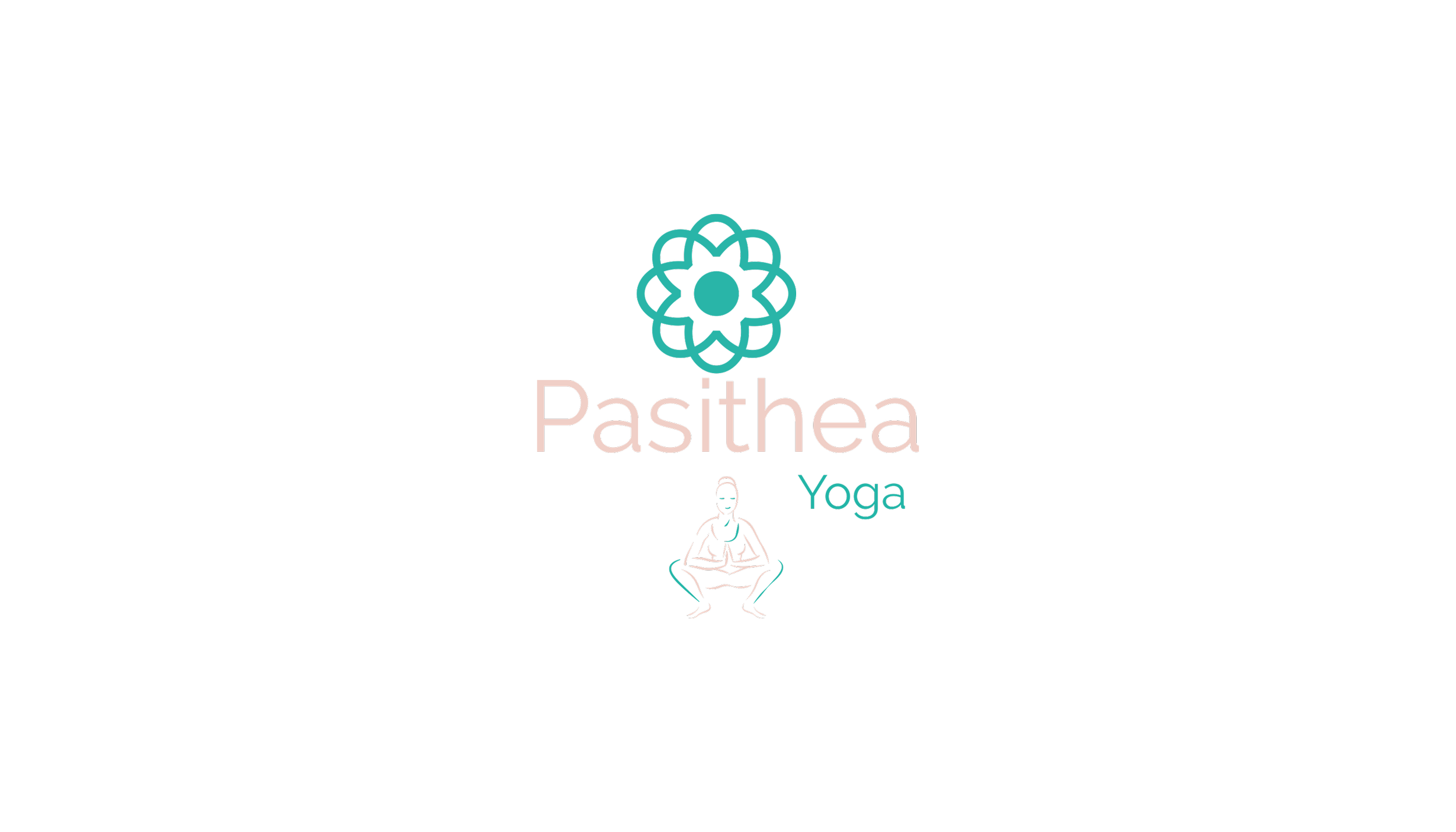 Black background with a teal flower logo at the top. Below, the words 'Pasithea' in light pink and 'Yoga' in teal. An outline of a person in a seated meditation pose is at the bottom.