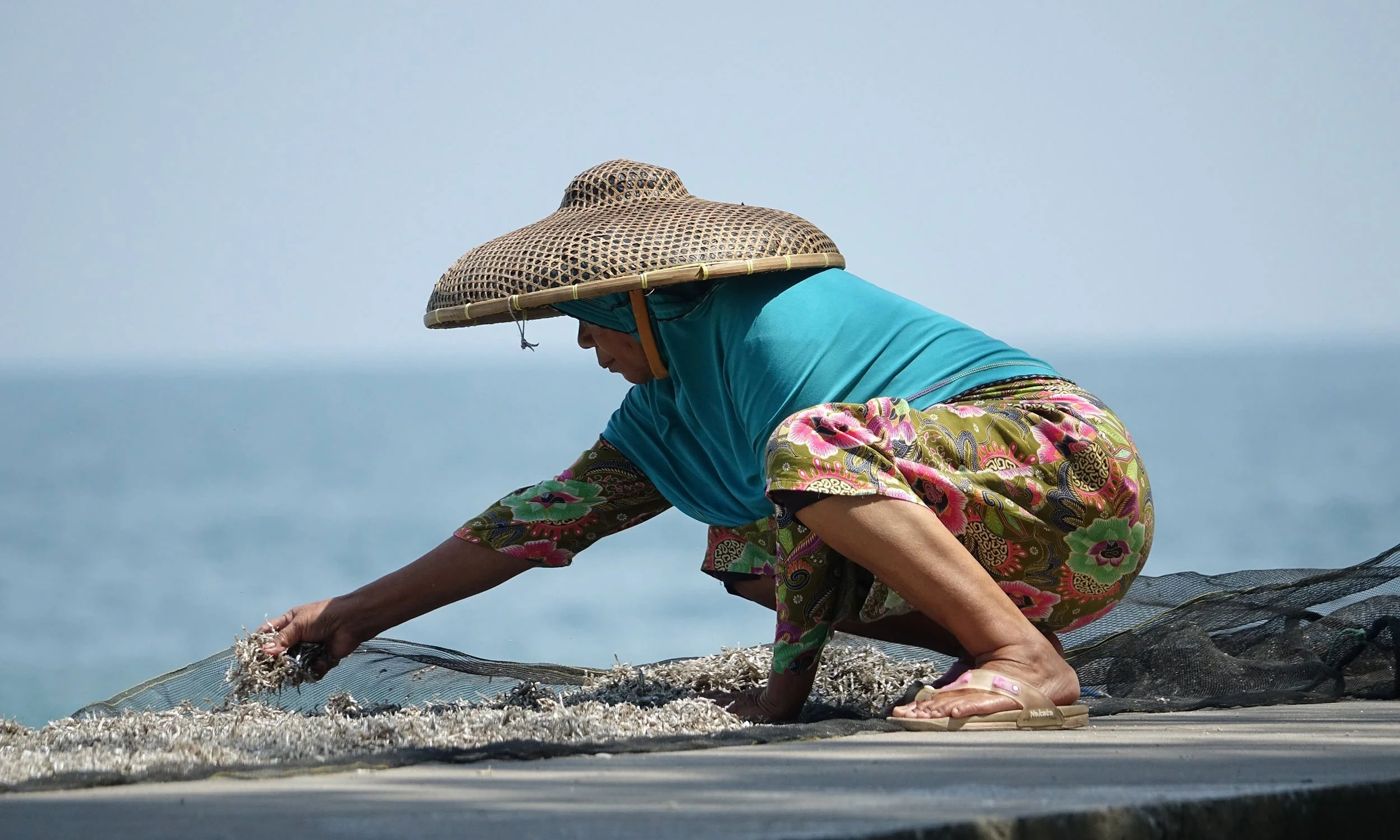 A person wearing a wide-brimmed straw hat, teal shirt, colorful patterned trousers, and sandals, is crouching on a wooden dock next to the ocean, reaching out to touch a net in front of them.