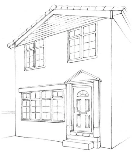 Line drawing of a two-story house with a front door, steps, and multiple windows.