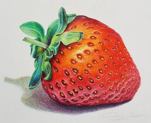 Colorful drawing of a ripe strawberry with green leaves, casting a shadow on a light background.