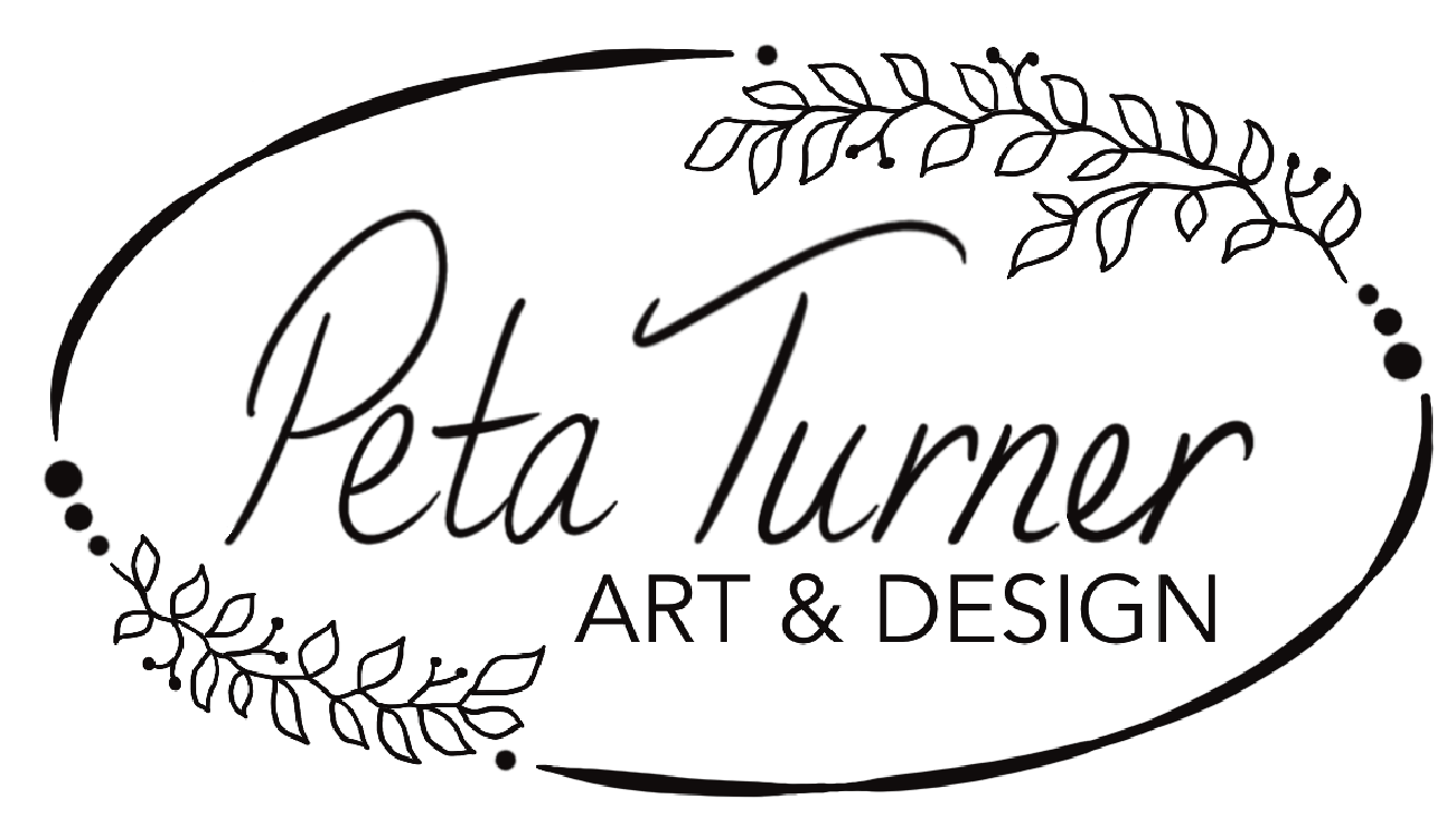 Logo featuring the name "Peta Turner" with the subtitle "Art & Design," enclosed in an oval border with decorative leaves and dots.