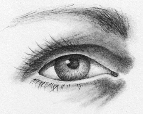A detailed pencil sketch of a human eye, showing eyelashes, eyebrow, and shading around the eye.
