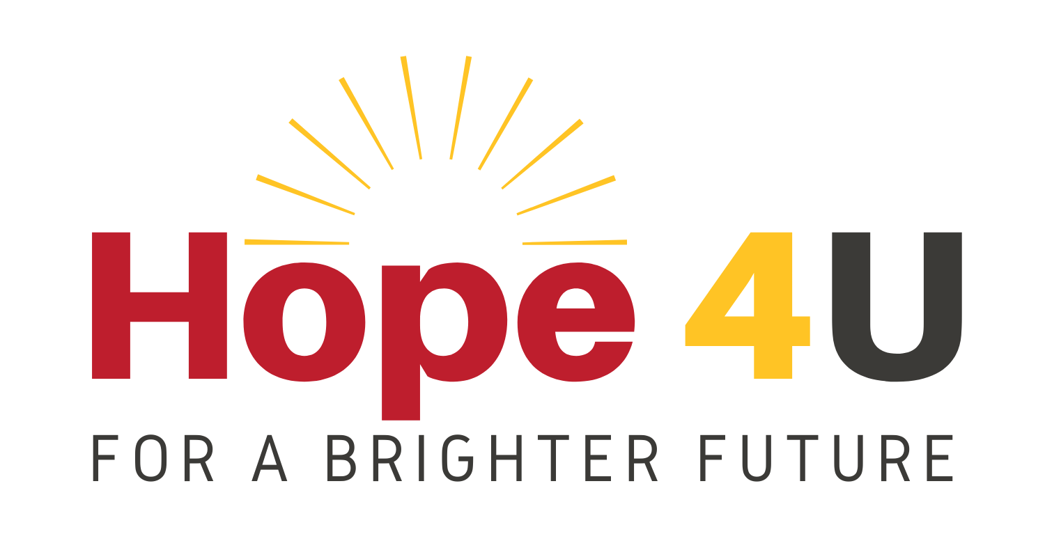 Logo with the words 'Hope 4 U' incorporating a sunburst design above the 'H' and 'o'. The phrase 'For a Brighter Future' written below in black text.