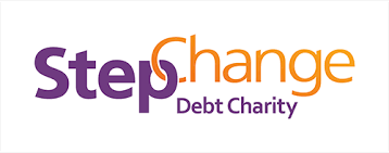 Logo for Step Change Debt Charity with the words 'Step' in purple, 'change' in orange, and 'Debt Charity' below in purple.