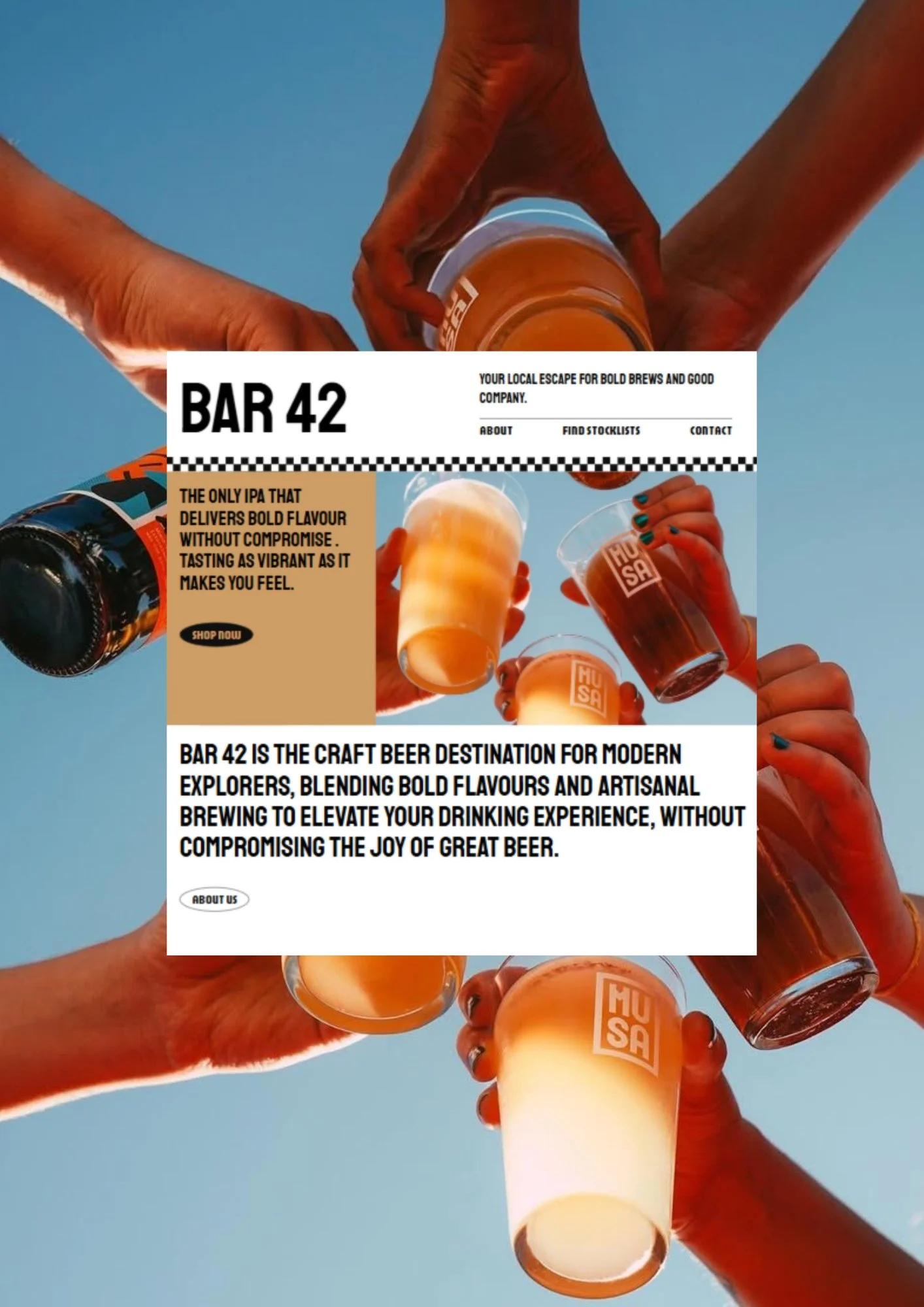 People holding up glasses of beer against a clear blue sky, with a promotional overlay for Bar 42 featuring bottles and text about craft beer.