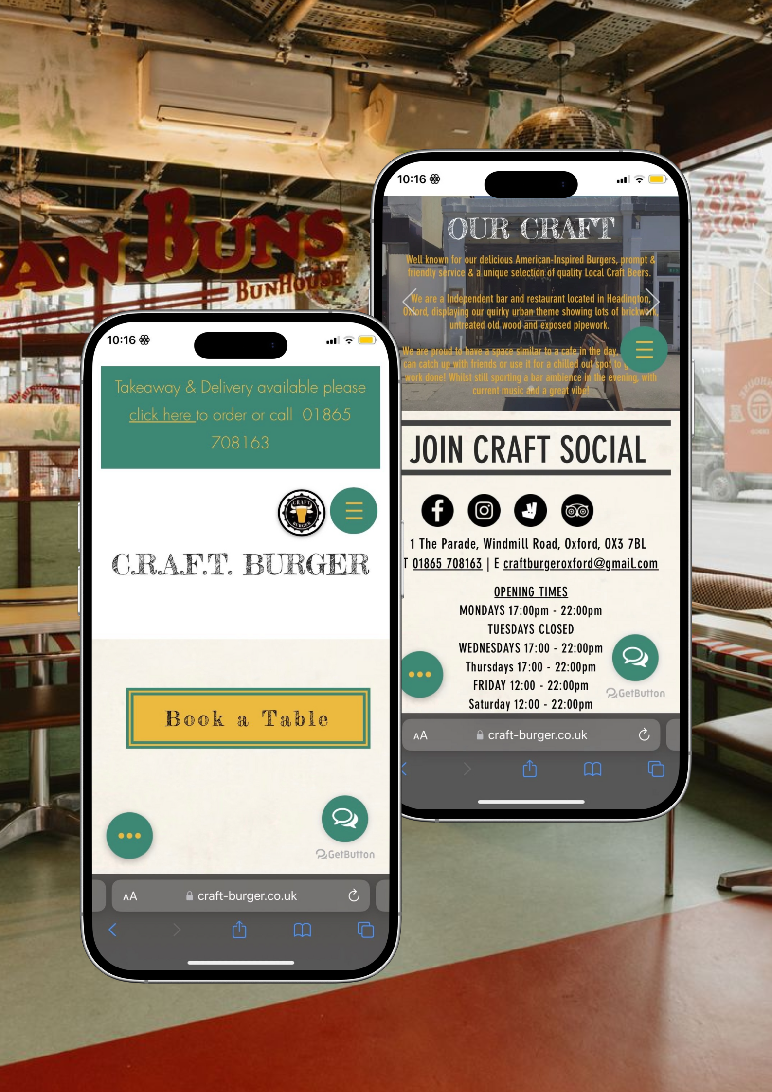 Two smartphones displaying the website of a burger restaurant named 'Craft Burger' inside a casual dining space. The left phone shows a 'Book a Table' button, and the right phone provides information about the restaurant's location, contact details,