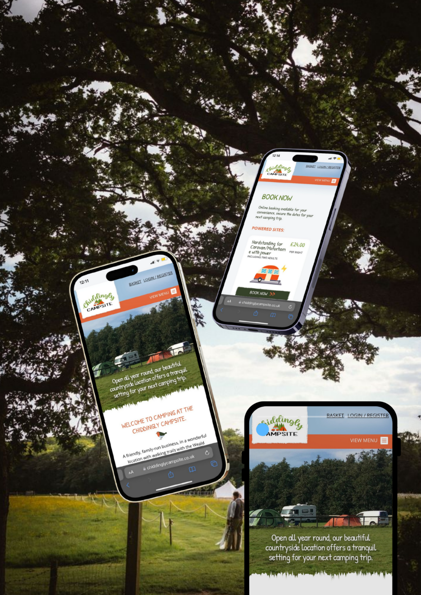 Mobile phone screens displaying a camping site website, with tents and caravans set up on a grassy field, framed by trees in a park.